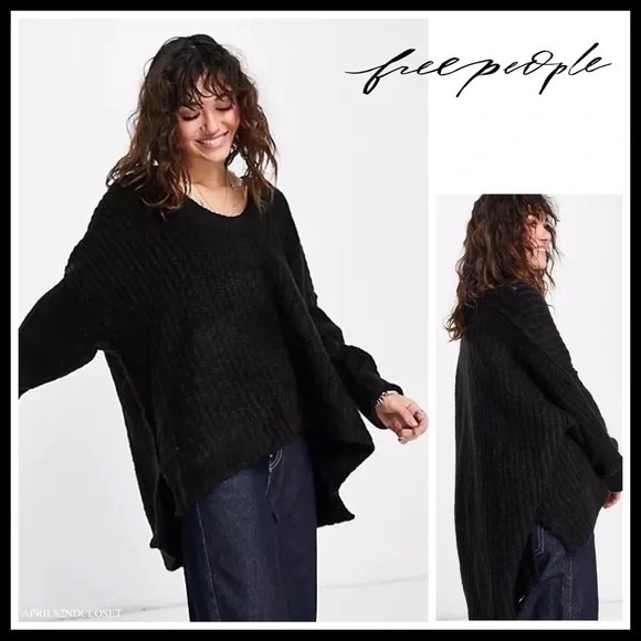 ❗️6-HOUR SALE❗️FREE PEOPLE BOHO SWEATER OVERSIZED COZY BLACK TUNIC PULLOVER A3C - Picture 6 of 13